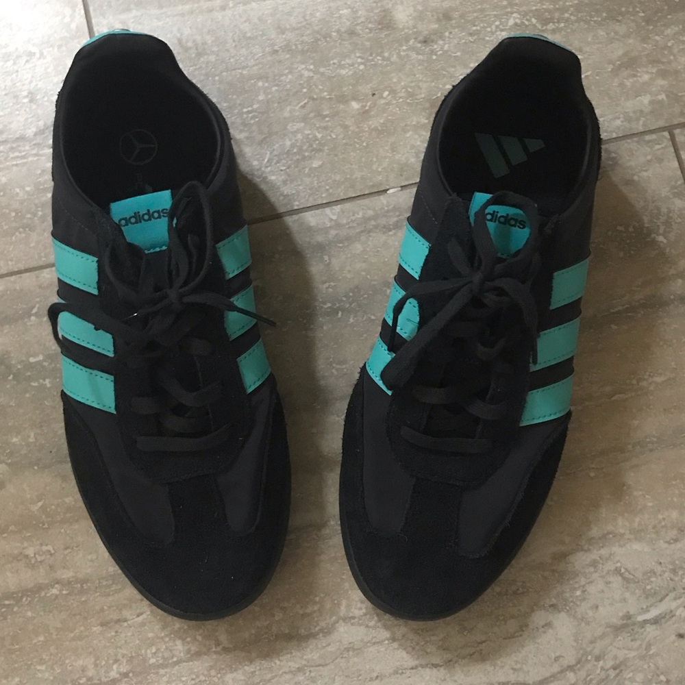 Adidas Mercedes AMG collaboration 
Black and Aqua Striped Sneakers